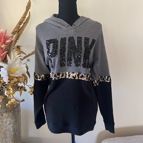 Victoria Secret Sweaters - Rare VS Pink Y2K Sequined Cheetah Print Black & Gray Hoodie Small
